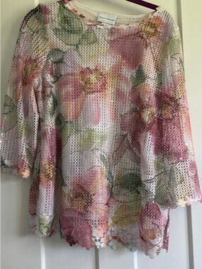 Alfred Dunner Pink Green Floral Crochet Tunic Top